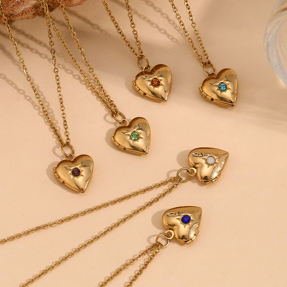 Heart Photo Birthstone Necklace Gold Plated